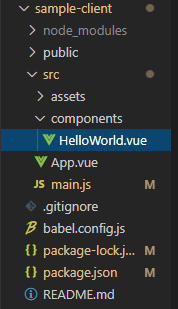 v sample-client 
) node modules 
> public 
v components 
V He IoWoddvue 
V App.vue 
main js 
.gitignore 
b abeLconfig.js 
O package-json 
READMEmd 